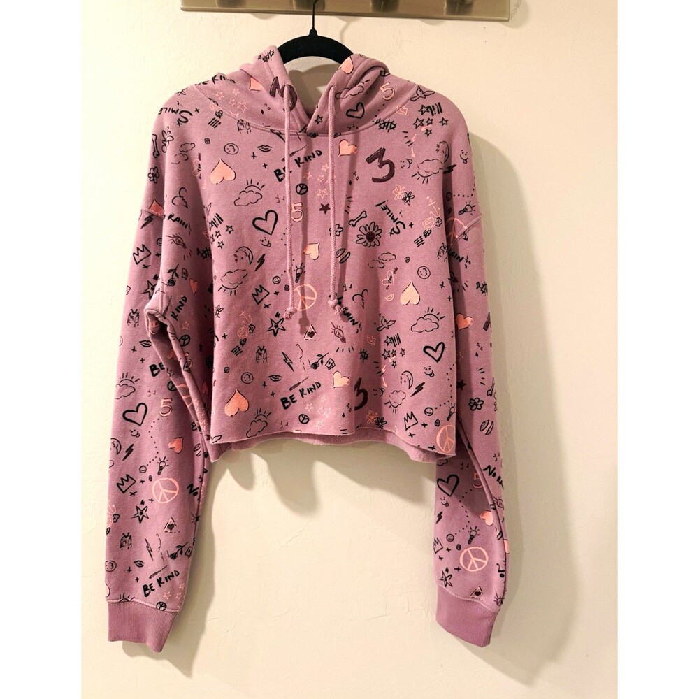 Wild Fable Women's Purple Fleece Pullover Hoodie M Graphic Print Hearts Peace